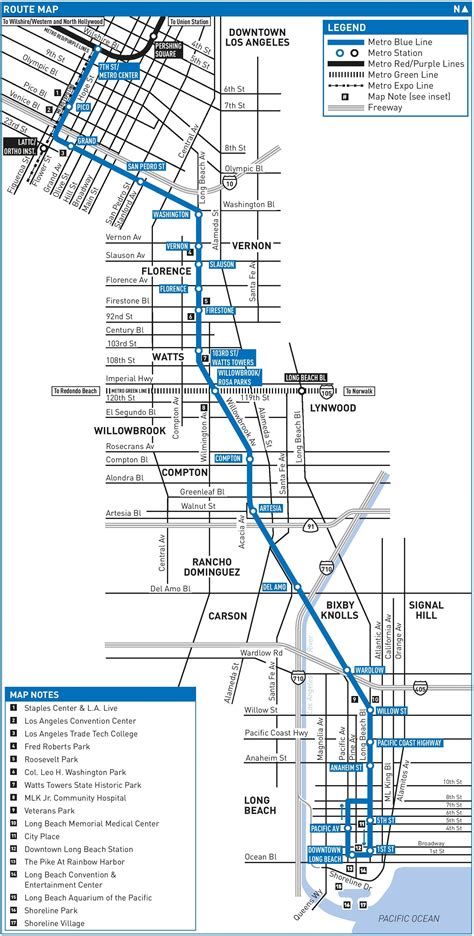 LA metro blue line map - Los Angeles metro blue line map (California - USA)