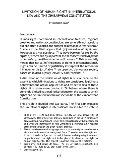 (PDF) LIMITATION OF HUMAN RIGHTS IN INTERNATIONAL LAW AND THE ZIMBABWEAN CONSTITUTION