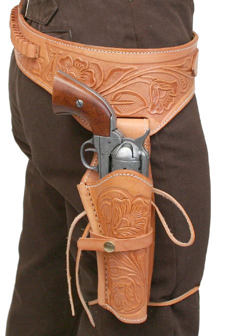 (.44/.45 cal) Western Gun Belt and Holster - RH Draw - Brown Tooled Leather