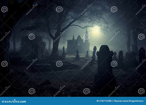 Dark Graveyard at Night, Shrouded in Thick Fog and an Eerie Horror ...