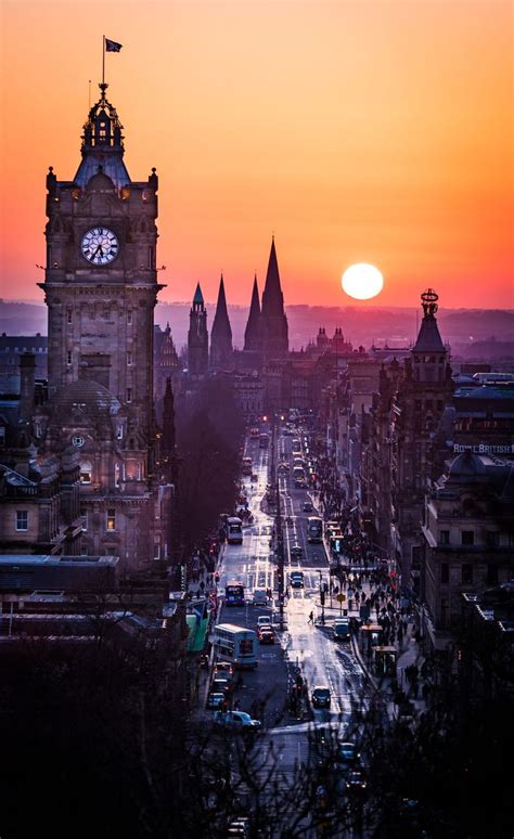 Winter sunset over Edinburgh, Scotland. This is the view westward looking along Princes Street ...