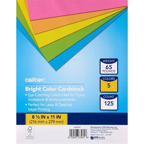 Caliber Bright Color Cardstock, 5 Assorted Colors, 8 1/2" x 11", 65 lb ...