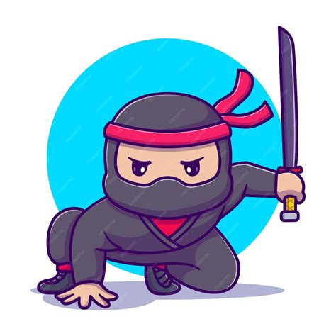 Premium Vector | Cute ninja holding sword to attack and defend vector cartoon illustration
