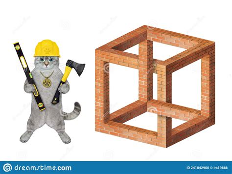 Cat Ashen with Axe and Level Near Brick Cube Stock Photo - Image of ...