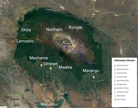 Mount Kilimanjaro Map, Google, Satellite, 3D and all Kilimanjaro route maps