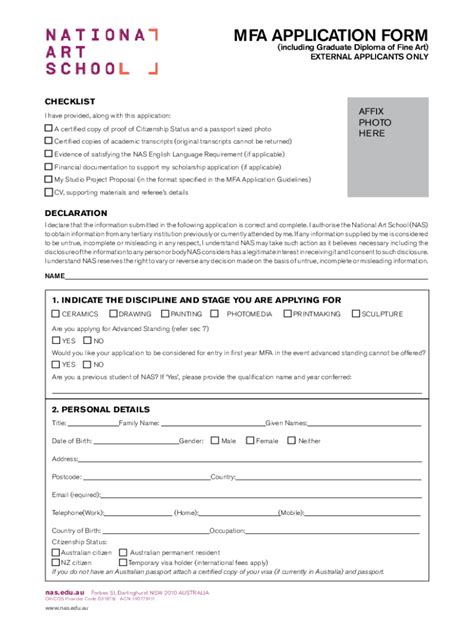 Fillable Online nas edu MFA APPLICATION FORM - National Art School Fax Email Print - pdfFiller