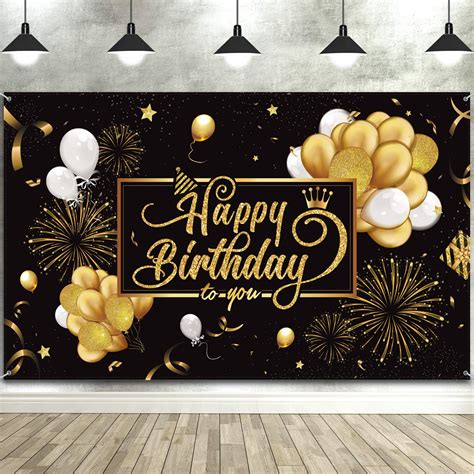 Buy Happy Birthday Backdrop Banner Large Black Gold Balloon Star Fireworks Party Sign Photo ...