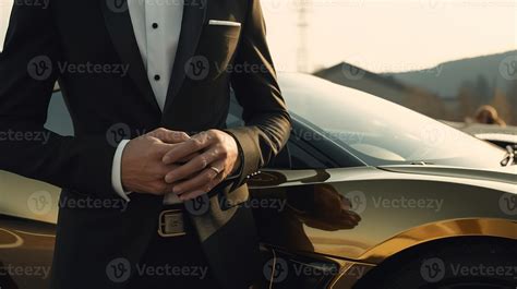 A Close-Up of a Rich Businessman Standing in Front of a Luxurious ...