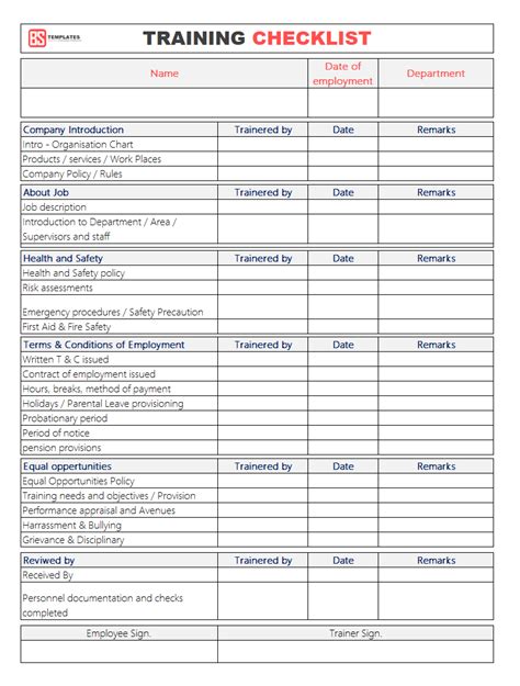 New Employee Training Checklist Template Excel