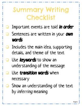 Summary Writing Checklist by Natasha Santina | TPT