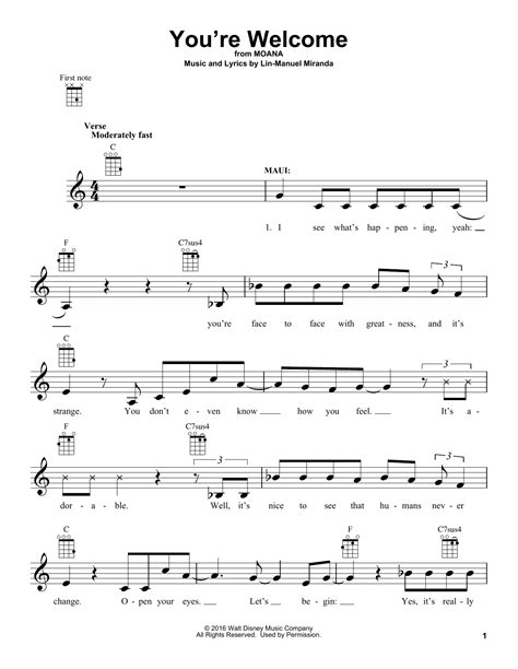 Moana sheet music. You're Welcome by Lin-Manuel Miranda - Ukulele - Guitar Instructor | Sheet ...