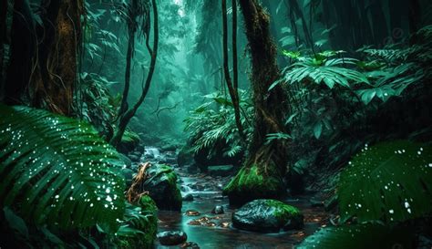 Forest In The Rain Green Forest Stream Water Stone Jungle Green Nature Background, Forest ...