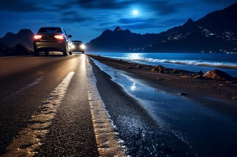 Premium AI Image | Highway in the mountains at night with starry sky ...