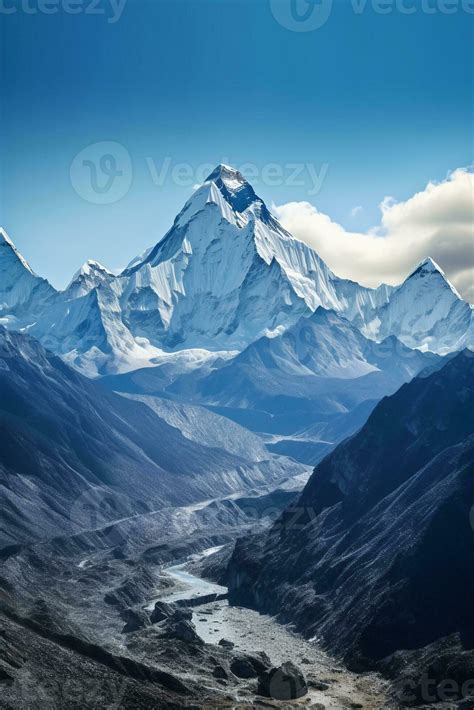 The base of mount everest from a rocky ground, in the style of light sky. AI generative 25180045 ...