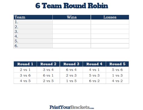 6 Team Round Robin Printable Tournament Bracket