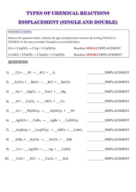 Chemical Reactions Types Worksheet Types Of Reactions Double and Single Displacement Ionic And ...