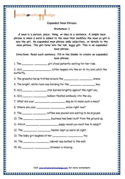 Grade 5 English Resources Printable Worksheets Topic: Expanded Noun Phrases | Nouns worksheet ...