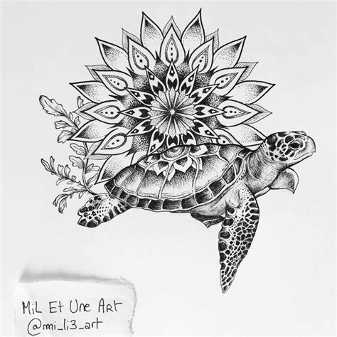 a drawing of a turtle with a flower on its back