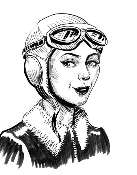 Premium Photo | Beautiful female pilot. ink black and white drawing