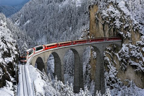 Bernina Express Train on Winter Bridge 4K Photographic Print | Etsy