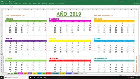 Calendario 2019 en Excel GRATIS Listo para imprimir.