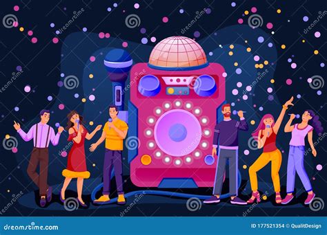 Karaoke Night Music Party Illustration. Vector Flat Cartoon Characters ...