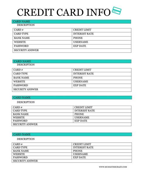 Lists & Log Printables, Bank Account Information Sheet, Credit Card Info Log, Password Cheat ...