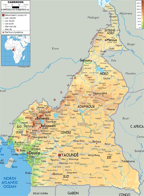 Large physical map of Cameroon with roads, cities and airports ...