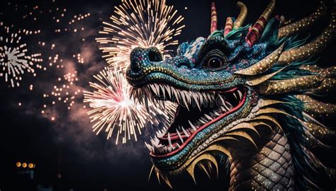 Illustration Chinese Holiday New Year .golden Dragon with Fire and Fireworks on Show .Generative ...