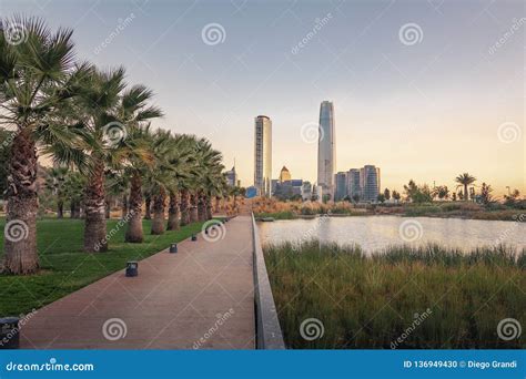 Santiago Skyline at Bicentenario Park - Santiago, Chile Stock Photo - Image of chile, lake ...