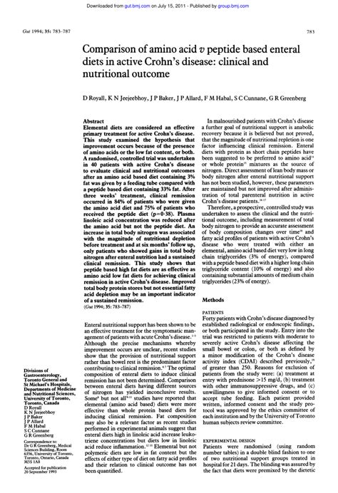 (PDF) Comparison of amino acid ?? peptide based enteral diets in active ...