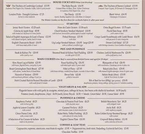 Menu at Rules pub & bar, London