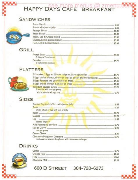 Menu at Happy Days Cafe, South Charleston