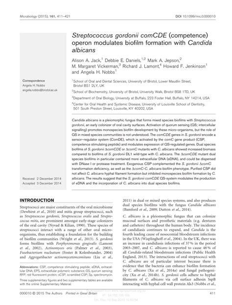 (PDF) The Streptococcus gordonii comCDE (competence) operon modulates ...