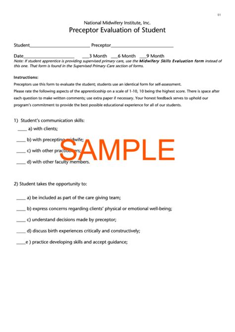 Fillable Sample Preceptor Evaluation Of Student printable pdf download