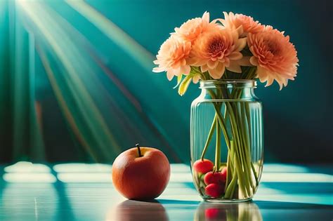 Premium AI Image | a vase of flowers with an apple and a apple on the table.
