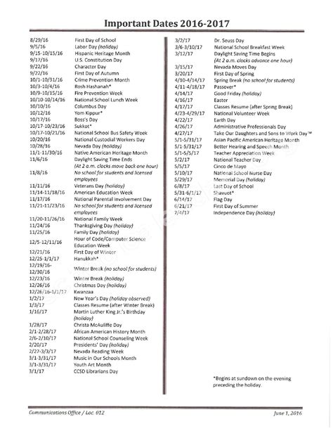 2016 - 2017 Important Dates | Clark County School District – Las Vegas, NV