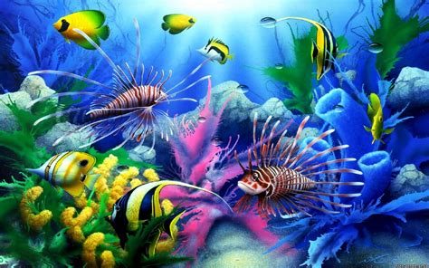 an underwater scene with fish and corals