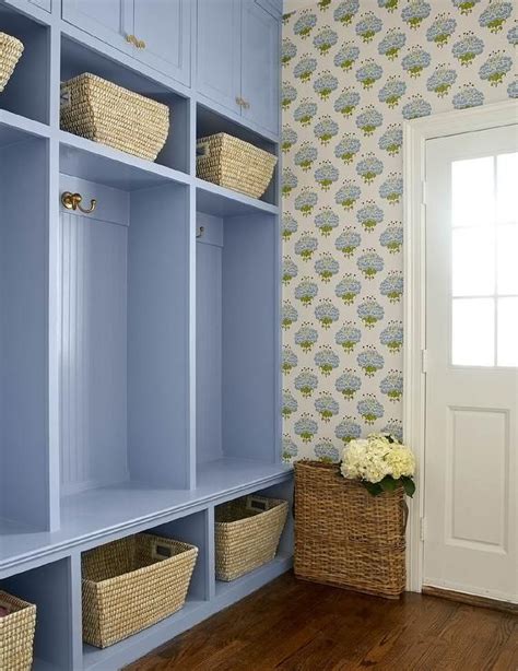 Periwinkle Blue Mudroom Lockers with Brass Hooks - Transitional ...