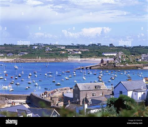 Town and harbour view, St Mary's, Hugh Town, Isles of Scilly, Cornwall, England, United Kingdom ...