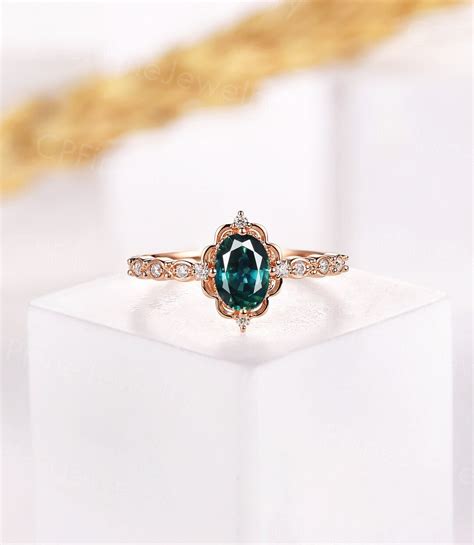 Vintage Teal Sapphire Engagement Ring Antique Rose Gold Vine Rings Art ...