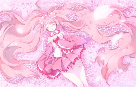 cherry blossoms flowers hatsune miku long hair maeba (tata3n) petals pink hair sakura miku ...