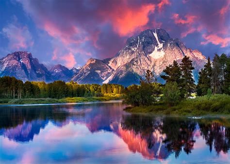 nature, Landscape, Mountain, River, Forest, Grass, Sunrise, Snowy Peak, Sky, Clouds, Reflection ...