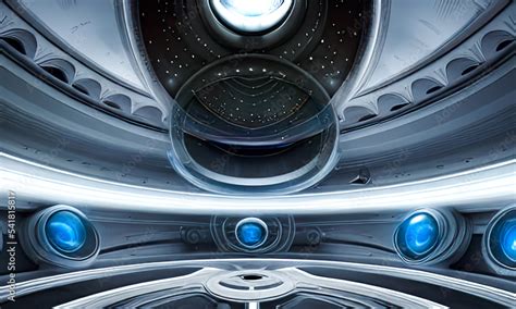 Interior of a futuristic spacepunk intergalactic starship. Illustration ...