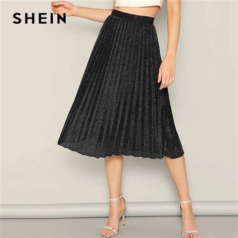 SHEIN High Waist Glitter Pleated Skirt Womens High Waist Black Solid A Line Skirt Glamorous ...