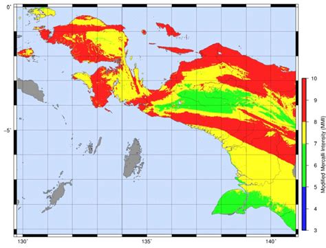 Earthquake intensity map of Papua Island. MMI is converted from ...