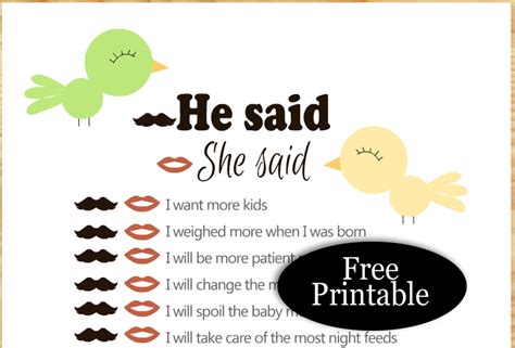 Free Printable He Said, She Said Baby Shower Game