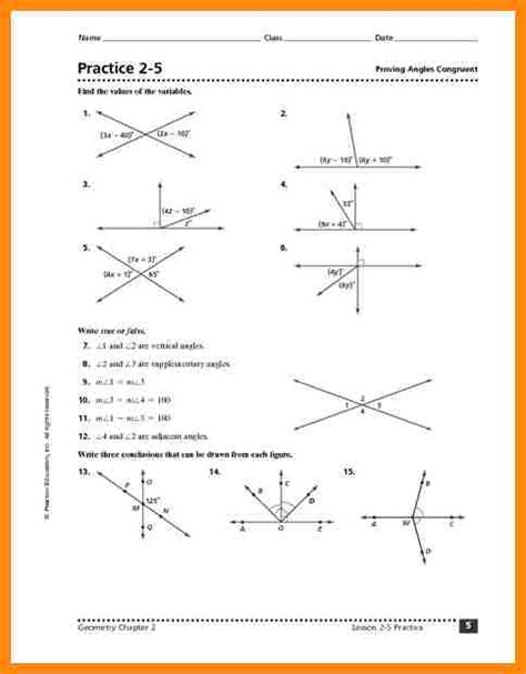 Angle Pair Relationships Practice Worksheets