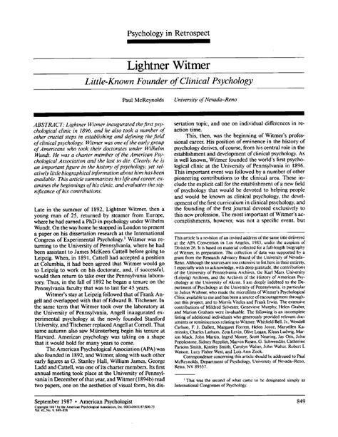 Witmer - Psychology in Retrospect Lightner Witmer Little-Known Founder of Clinical Psychology ...