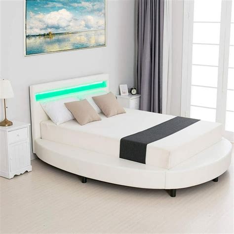 Mecor Modern Upholstered Round Platform Bed with LED Light Headboard, Faux Leather Bed Frame ...